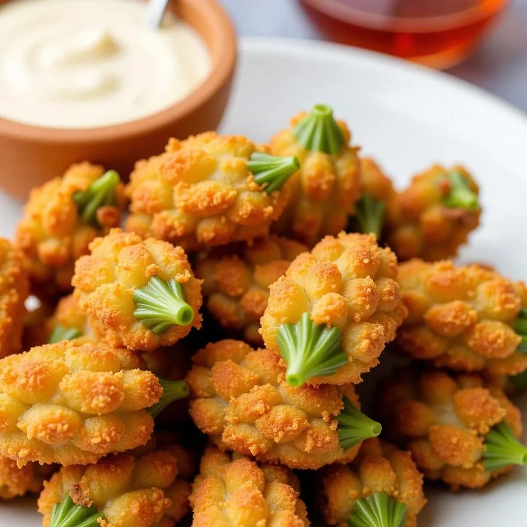 Close-up of Crispy Fried Okra with Dipping Sauce