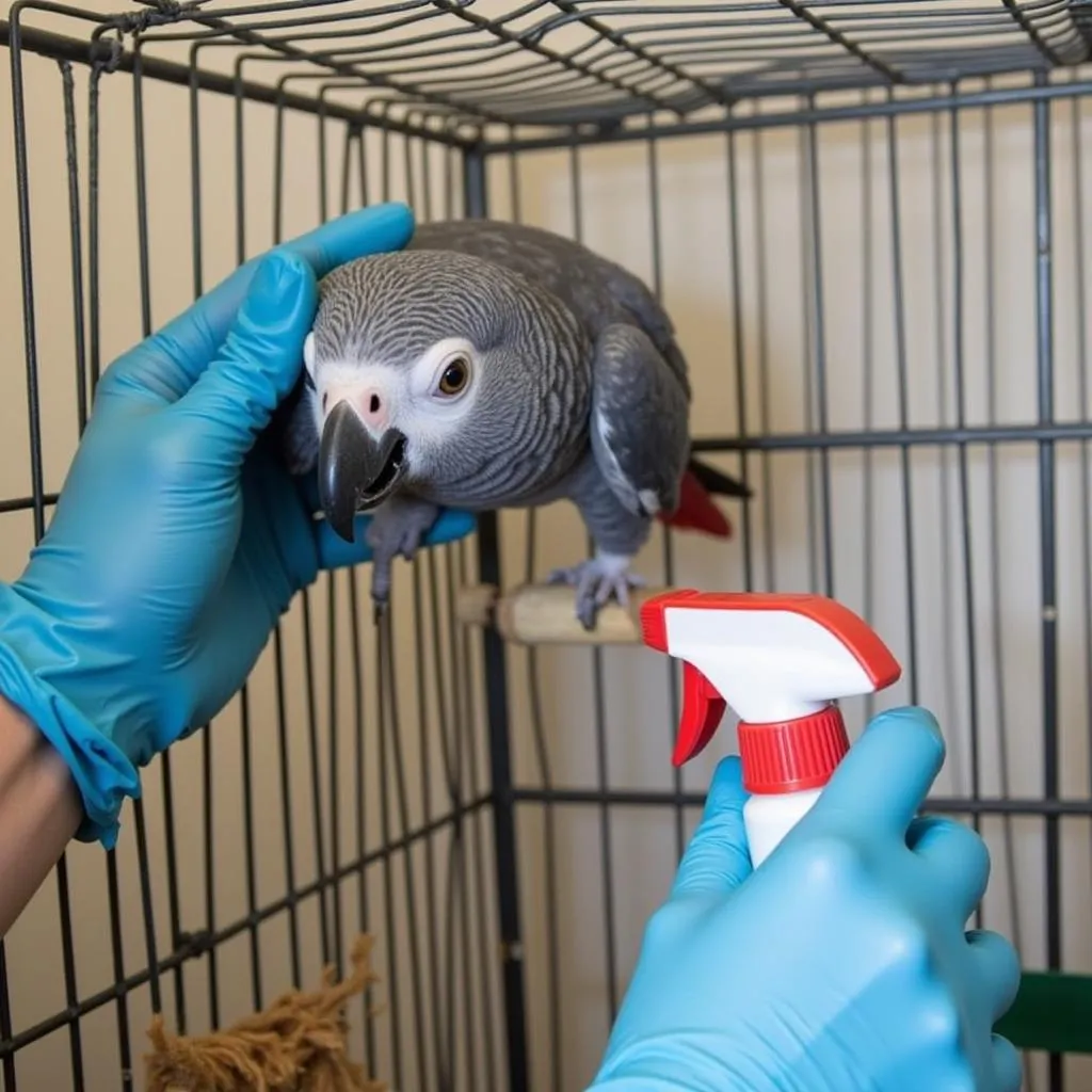 Cleaning an African Grey Parrot Cage with Disinfectant