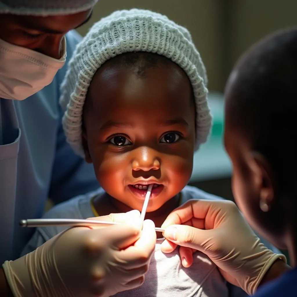 Child undergoing cleft lip and palate surgery in a hospital in Africa