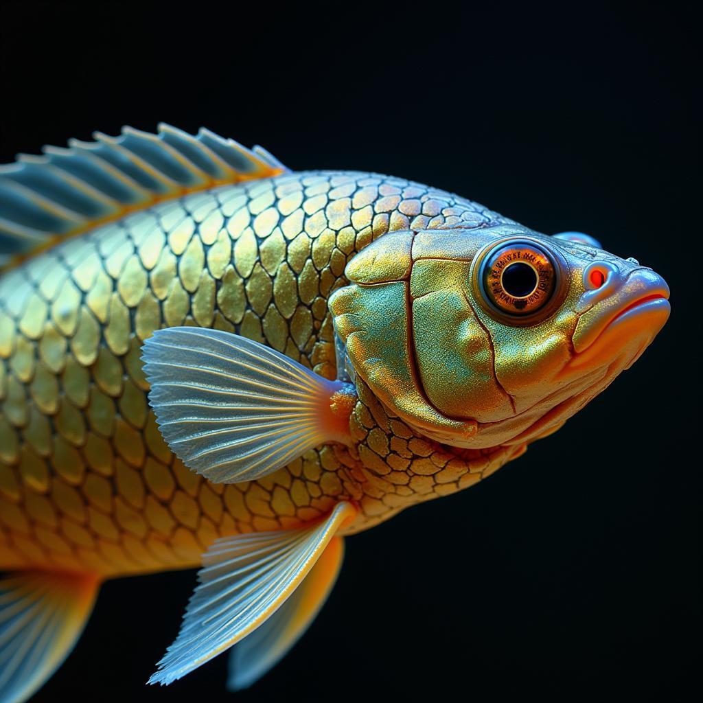 Close-up of African arowana scales, highlighting their intricate details and metallic sheen