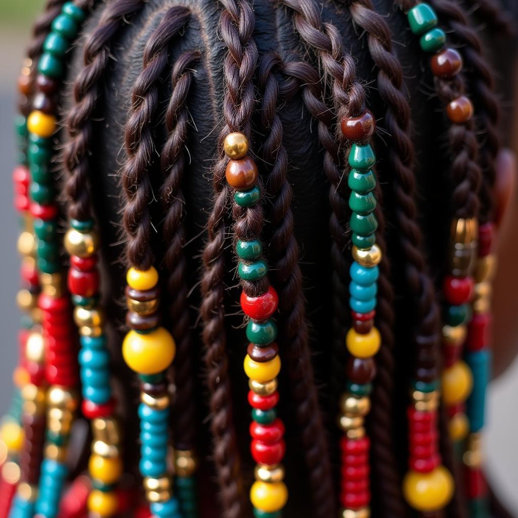 Close up of African hair braids with beads