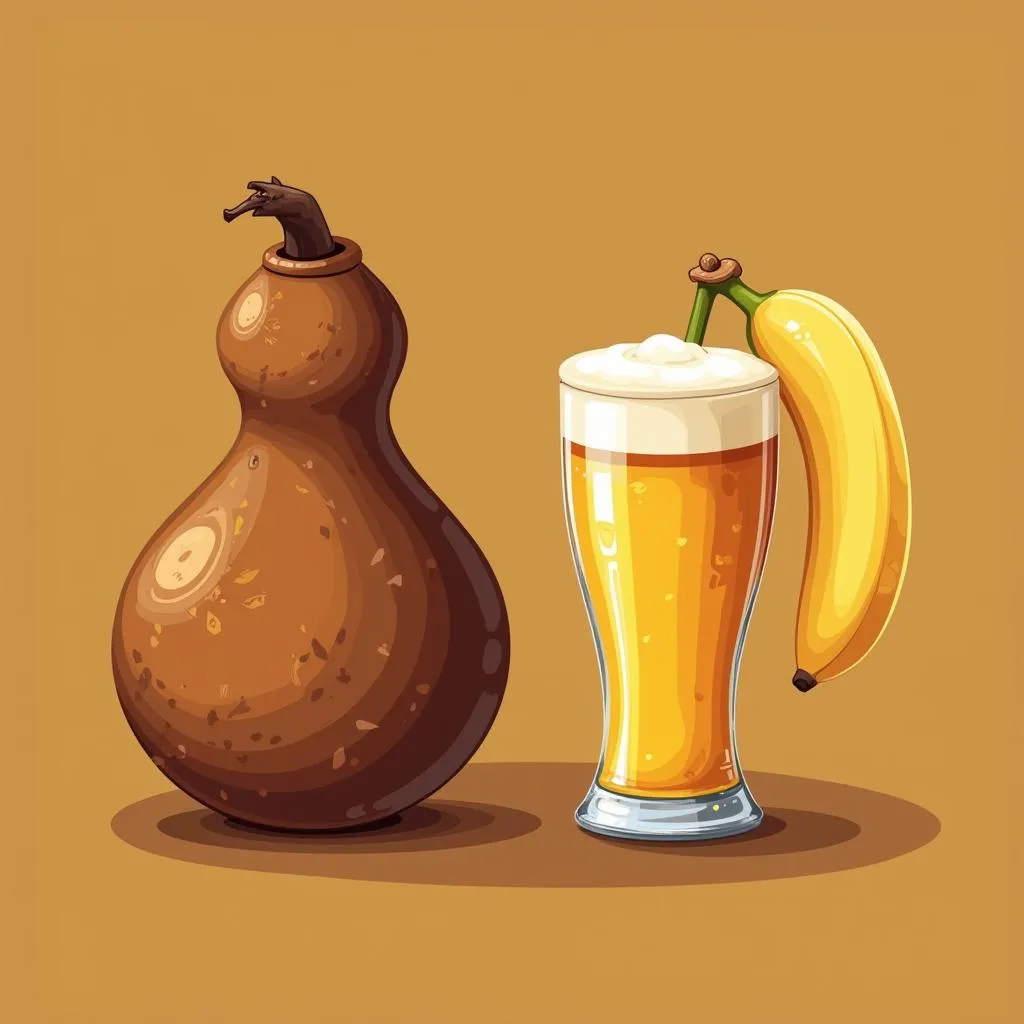 A detailed illustration of a calabash overflowing with freshly brewed banana beer