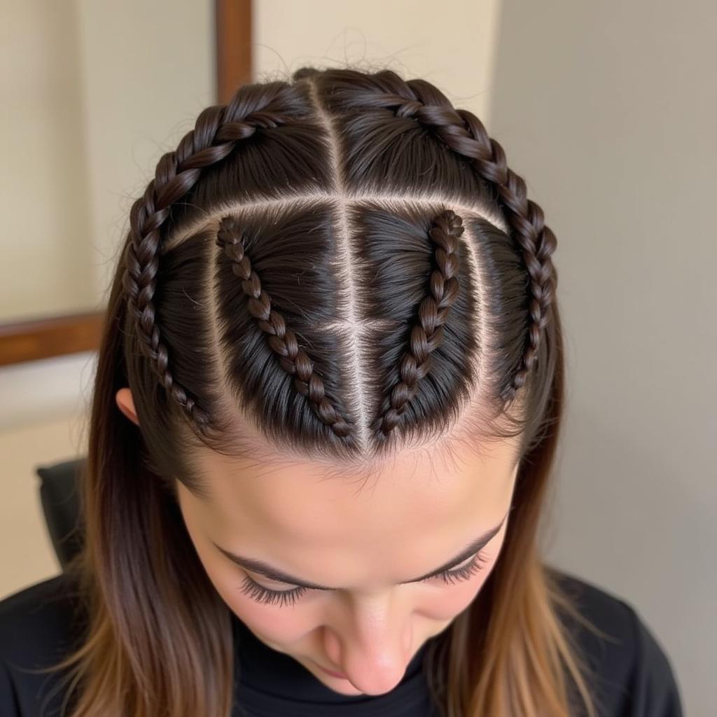 Detailed view of intricate braiding on an African American woman's hair in a DC salon