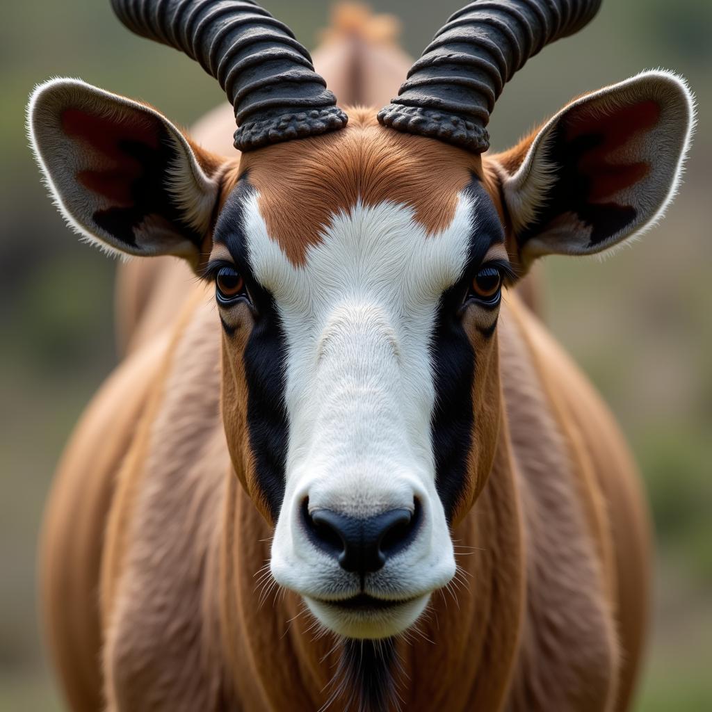 A close-up view of an African oryx's face, highlighting its striking black and white markings and long, sharp horns.