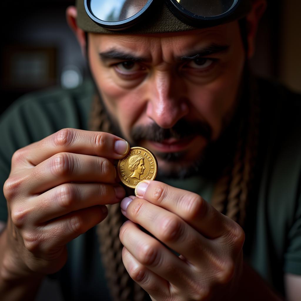 Coin Collector Examining a 1926 South African Gold Sovereign