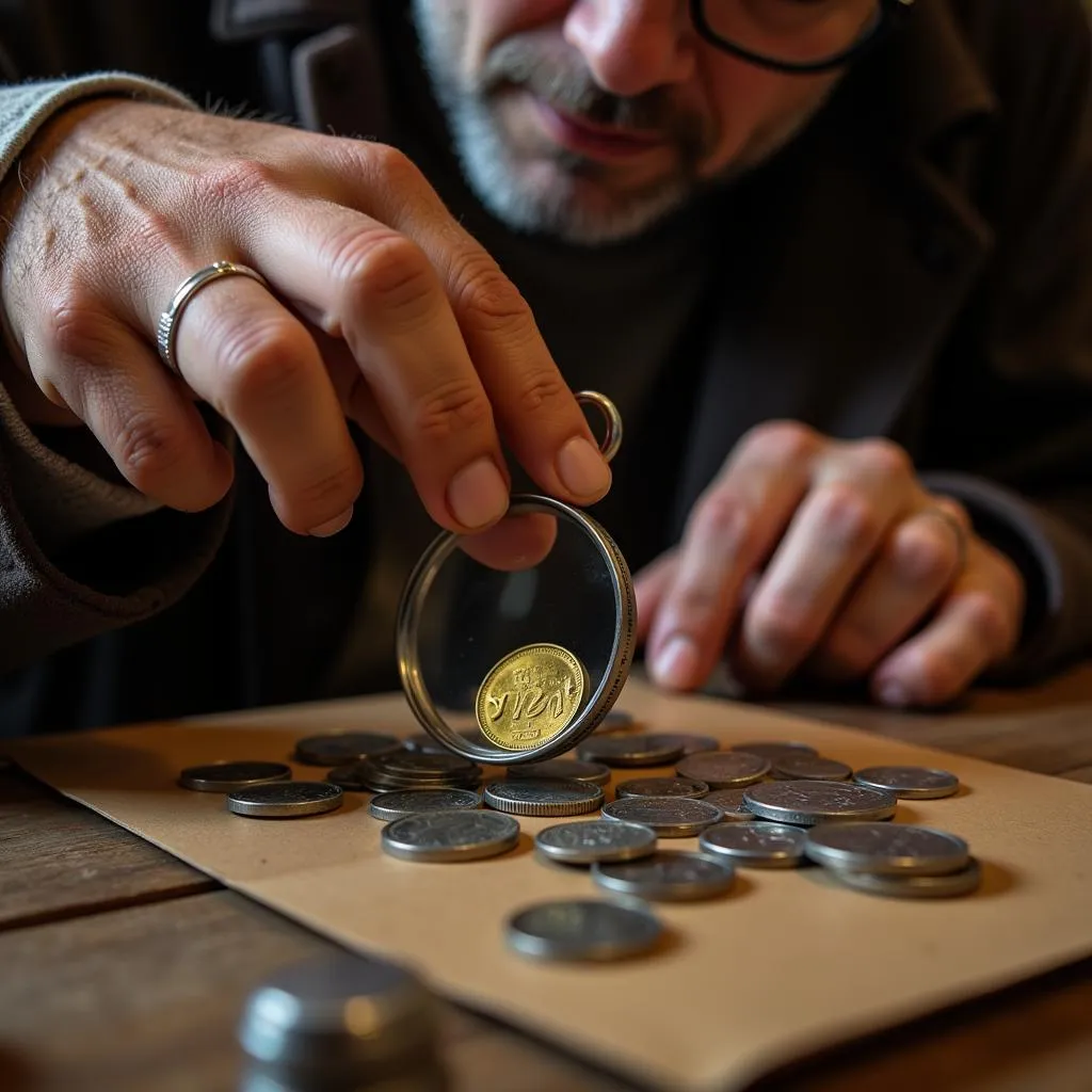 Coin Collector Examining South African Coins