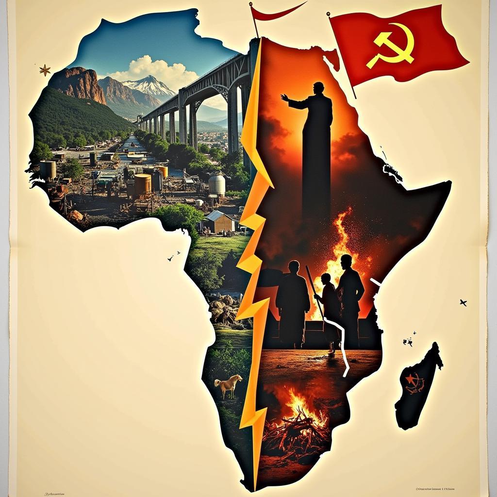 Cold War propaganda poster depicting the struggle between capitalism and communism in Africa