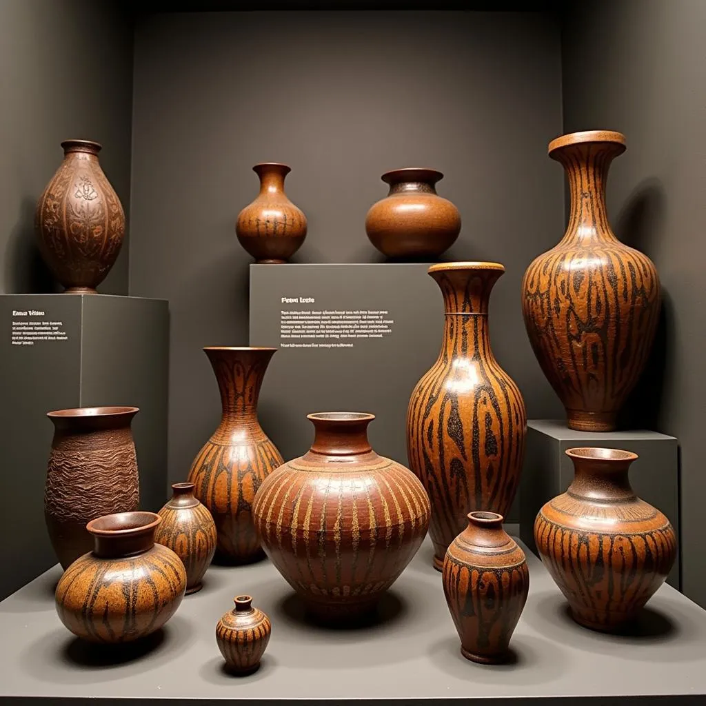 Collection of African kingfisher vessels in a museum