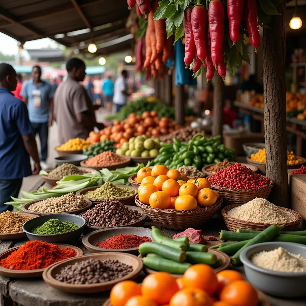 A colorful African market teeming with fresh spices and produce