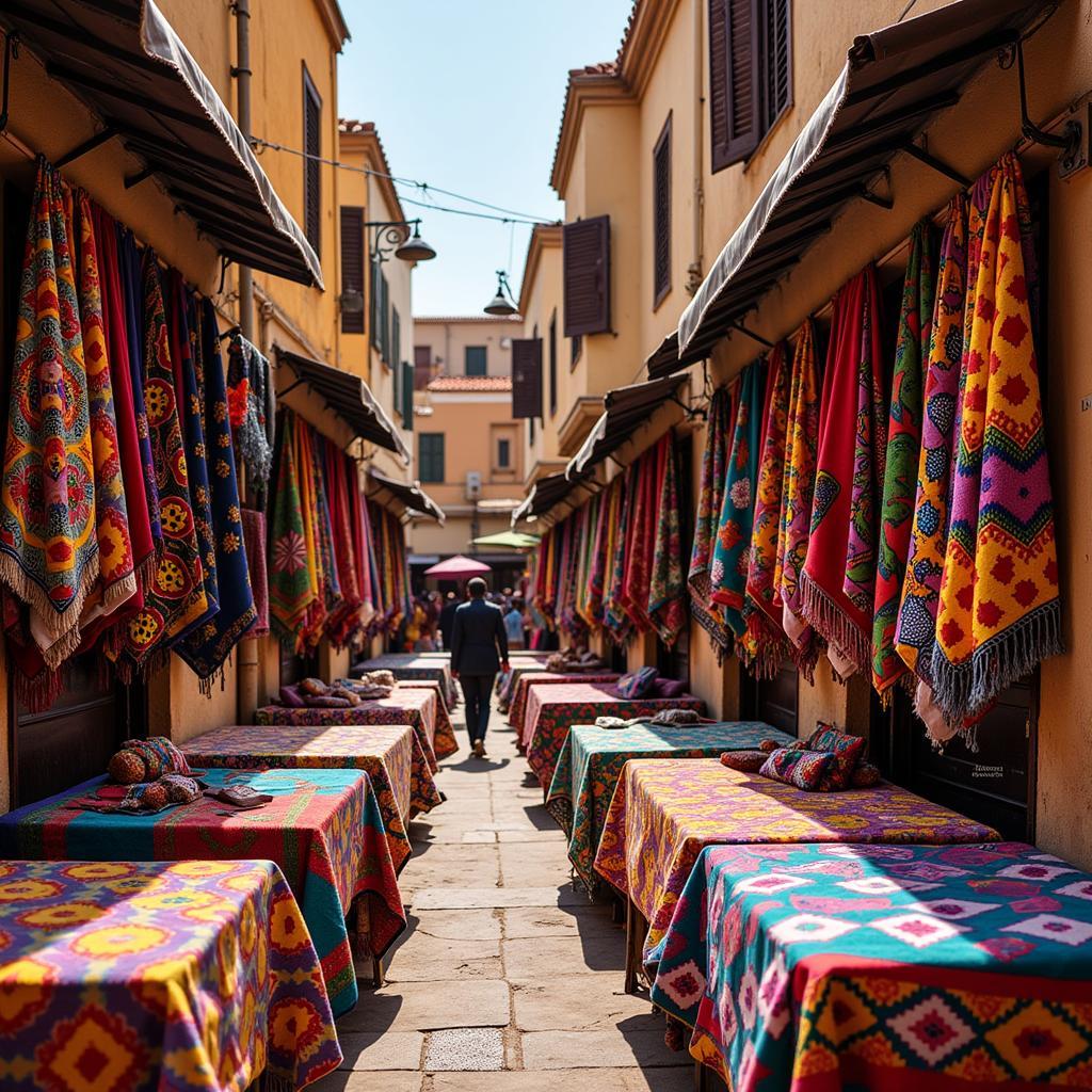 Colorful African Textiles Displayed in a Bustling Market