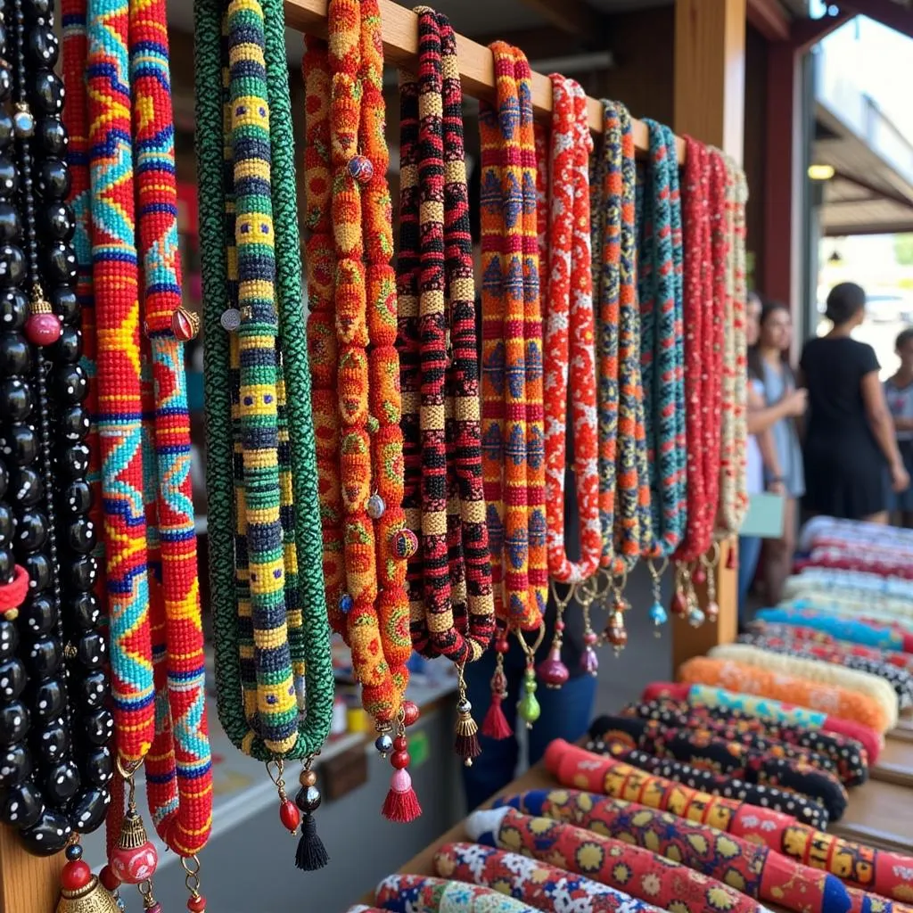 Colorful beaded necklaces displayed at a bustling Cape Town market