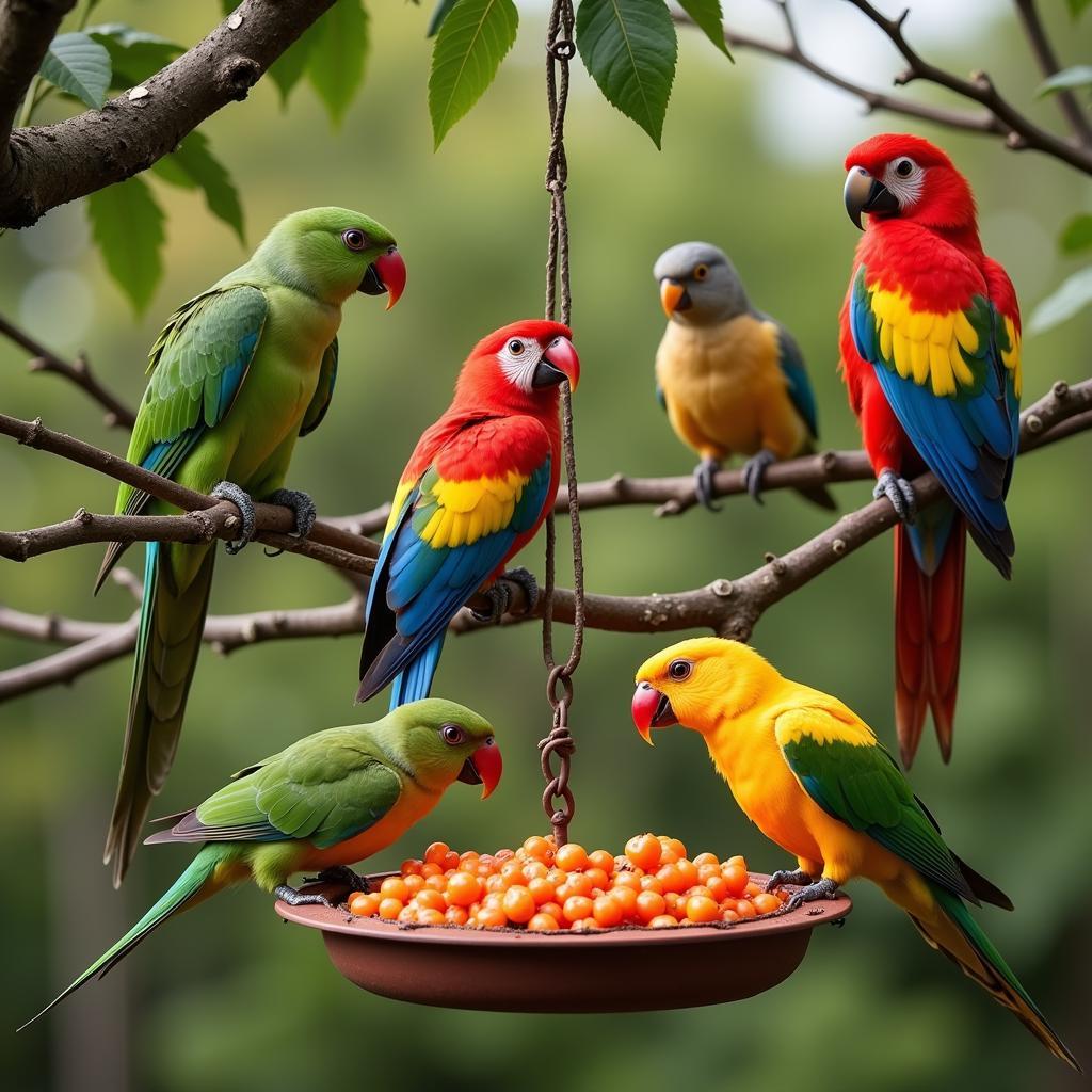 Colorful birds feeding on African birds eye peppers