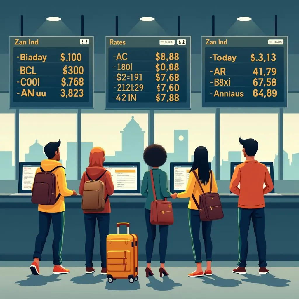 Travelers comparing exchange rates for ZAR to INR at different currency exchange bureaus