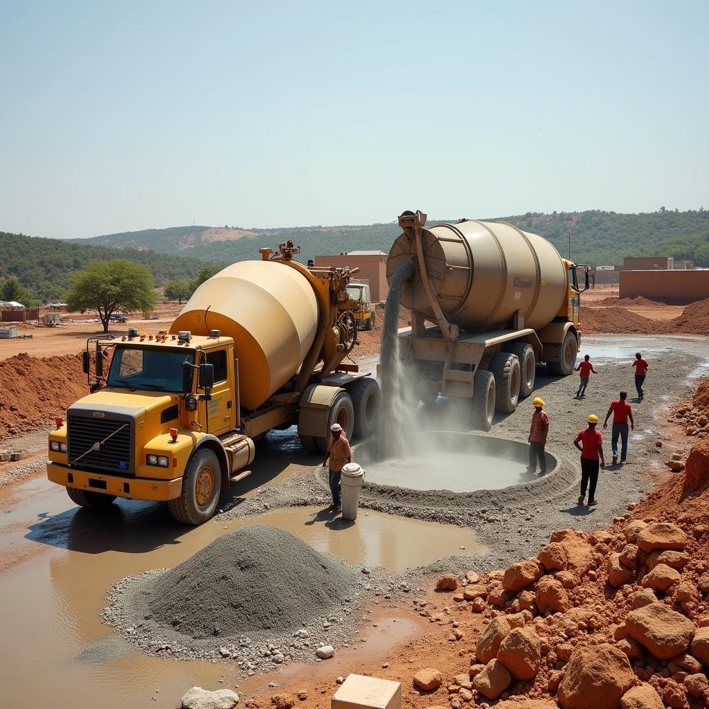 Concrete mixing at an African construction site