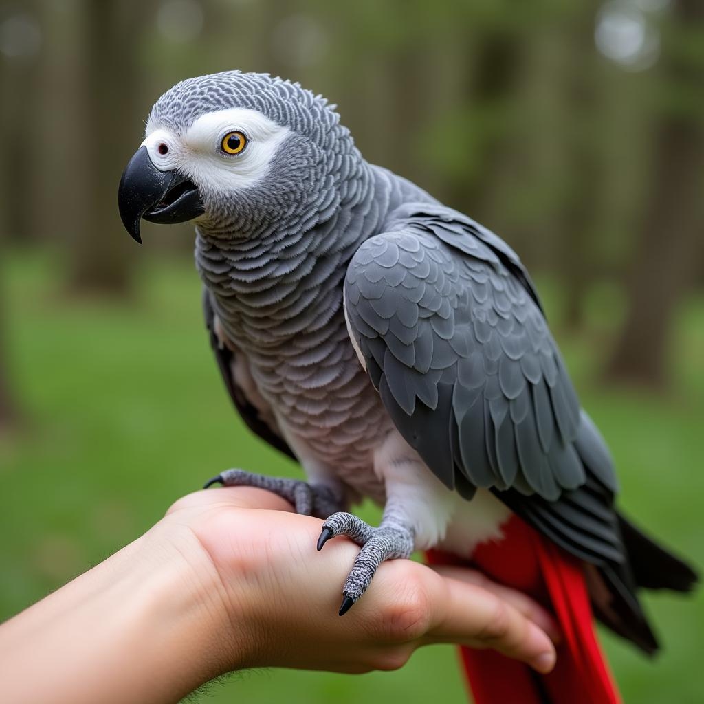 Congo African Grey Perched on its Owner's Hand