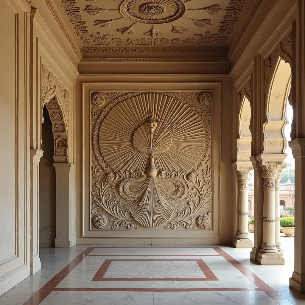 Congo peacock depicted on the intricate carvings of a Lucknow palace