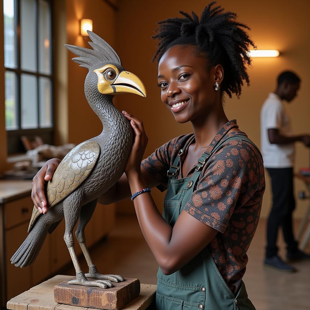 Contemporary African Artist with Hornbill Sculpture