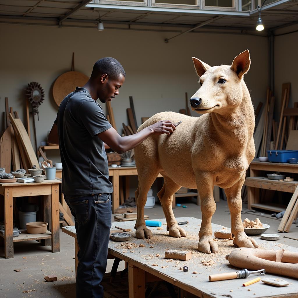  Contemporary African artist working on an animal sculpture in their studio