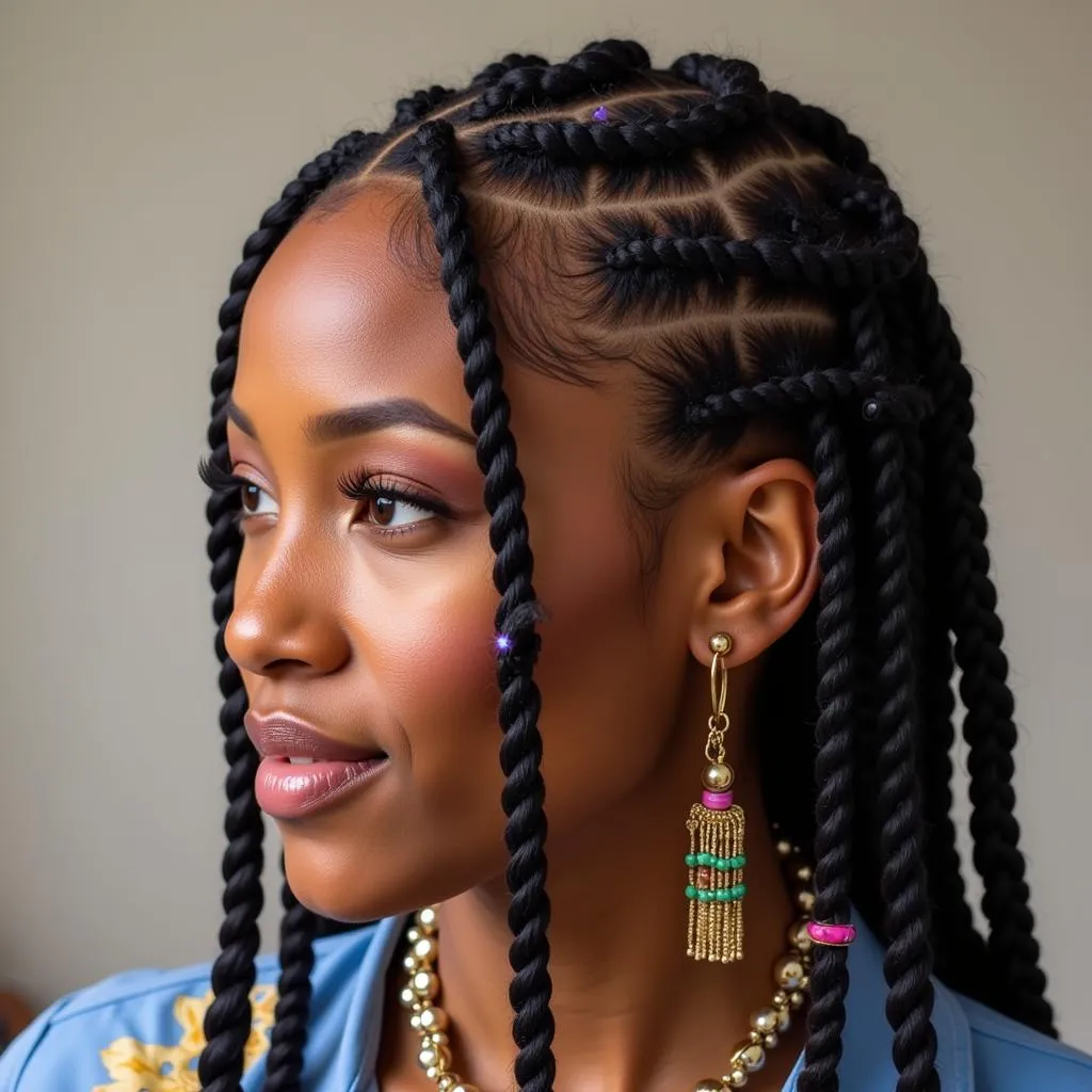 Close up of cornrows hairstyle with beads