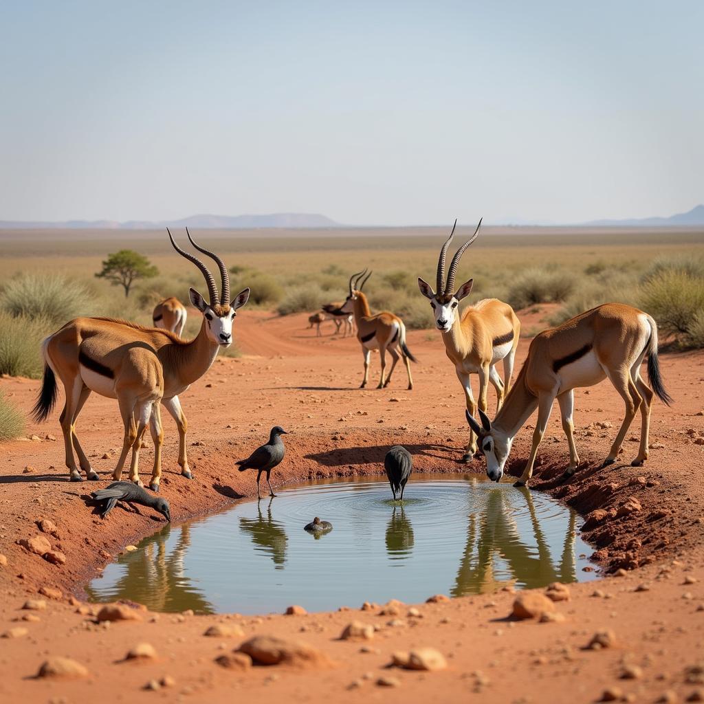 Desert animals congregating at a water source