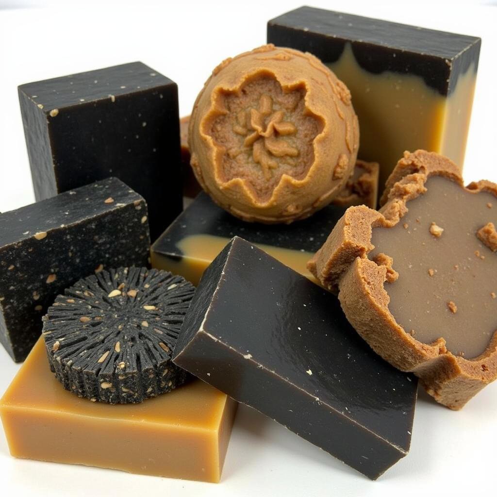 A variety of African black soap bars in different shapes and sizes.