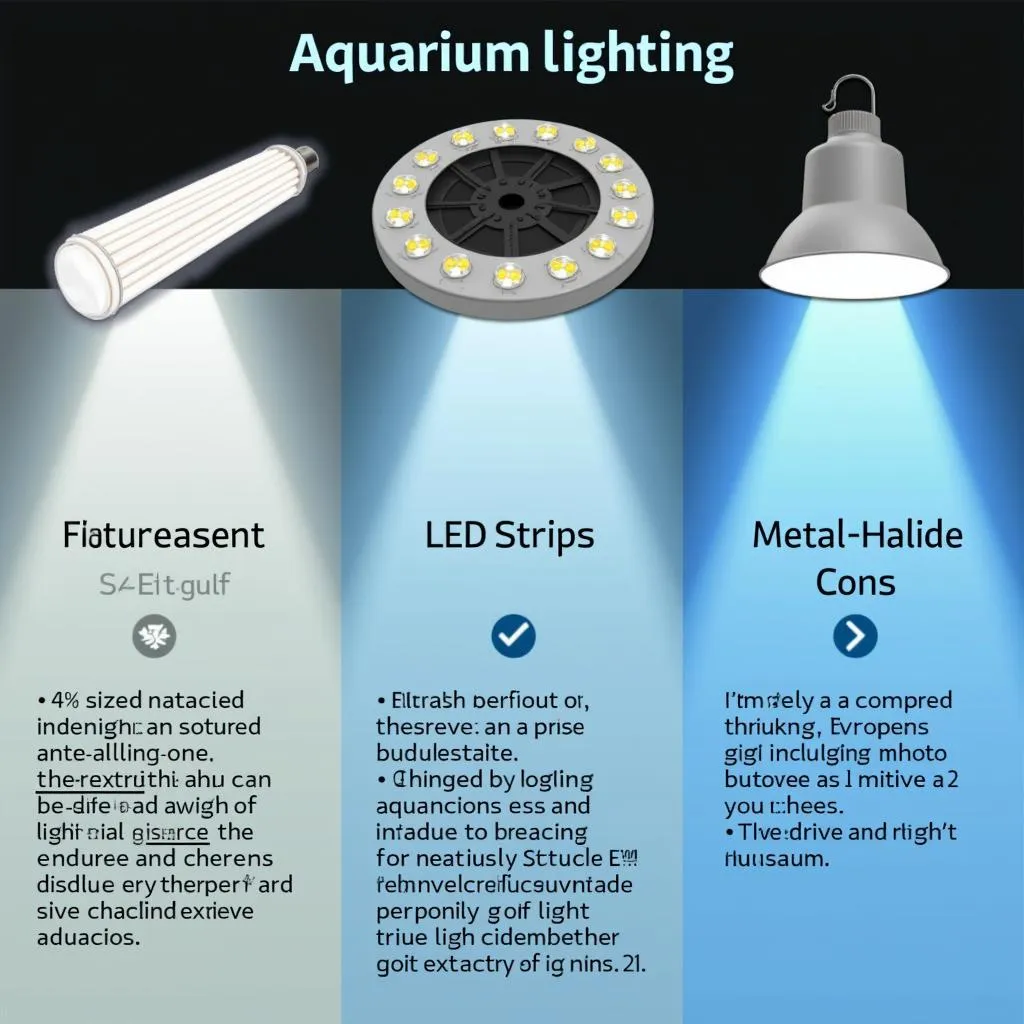 Different types of aquarium lighting suitable for African cichlids, including fluorescent, LED, and metal halide.