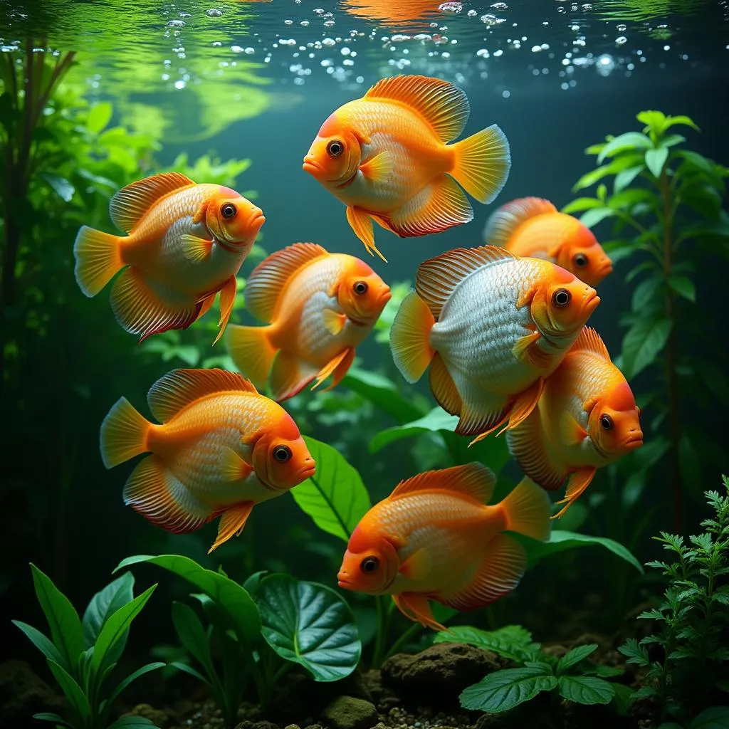 A shoal of discus fish in a planted tank