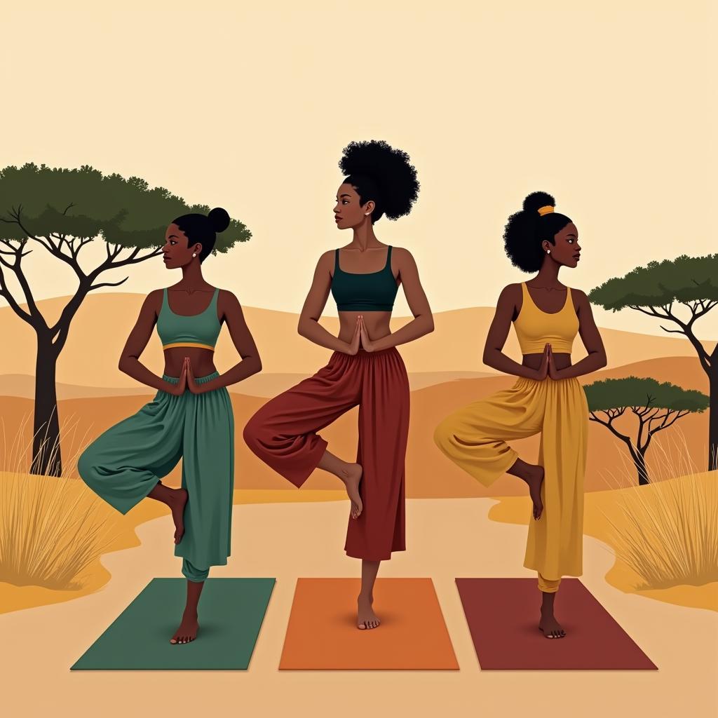 Diverse African Women in Various Yoga Poses Vector