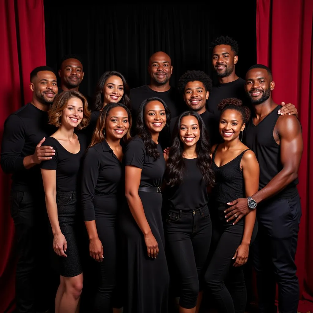 A diverse group of African American theatre actors posing for a photo