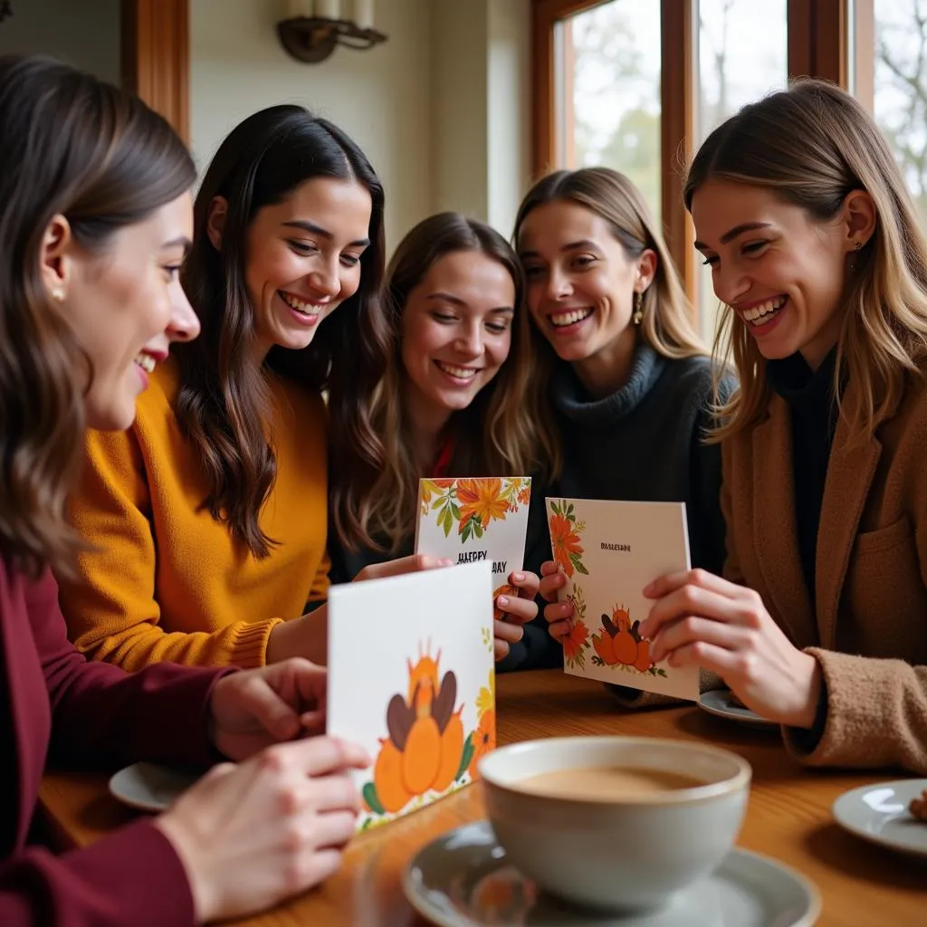 A group of friends from diverse backgrounds exchanging Thanksgiving cards, highlighting the inclusivity of the holiday. 