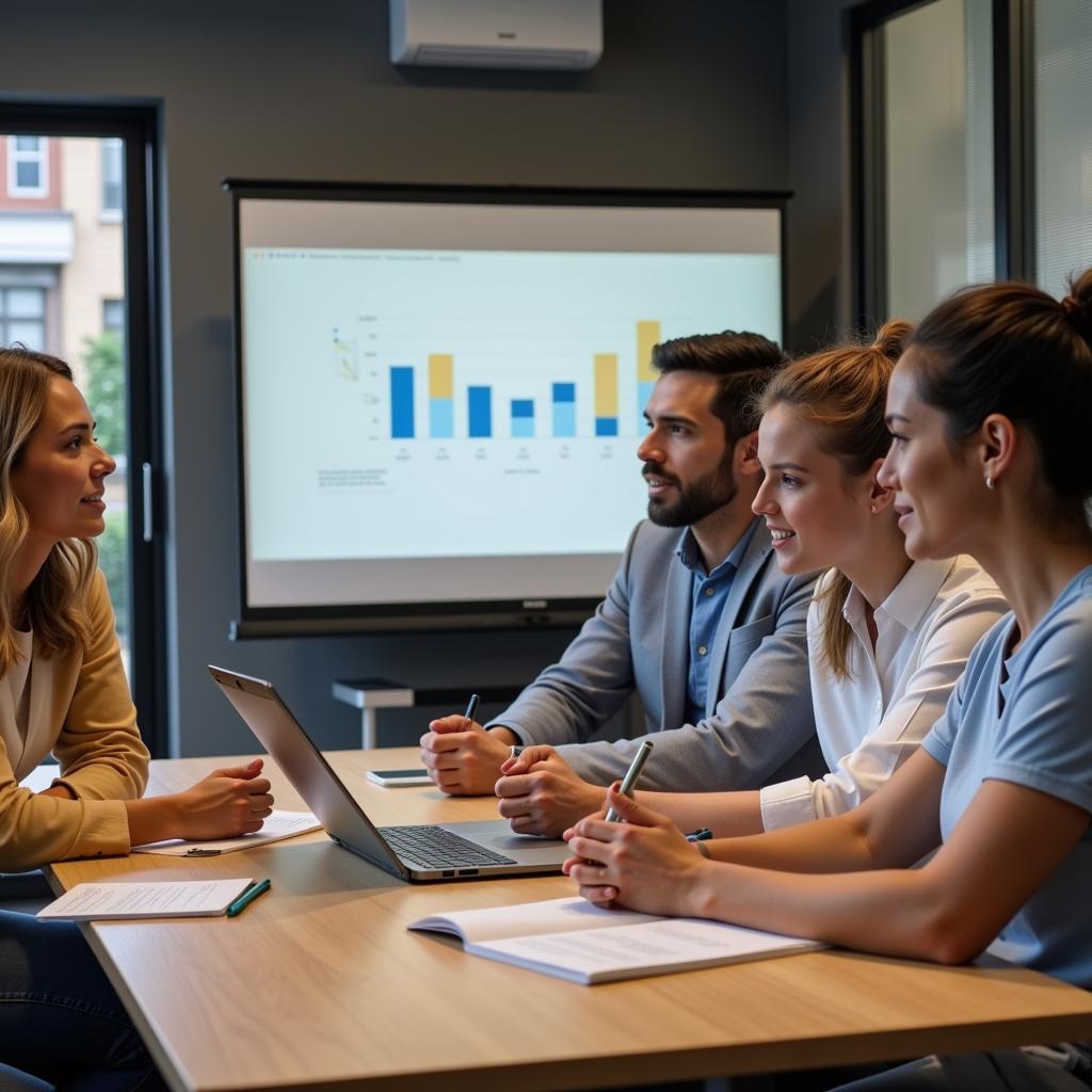  A diverse team of sales professionals collaborating in a modern office setting.