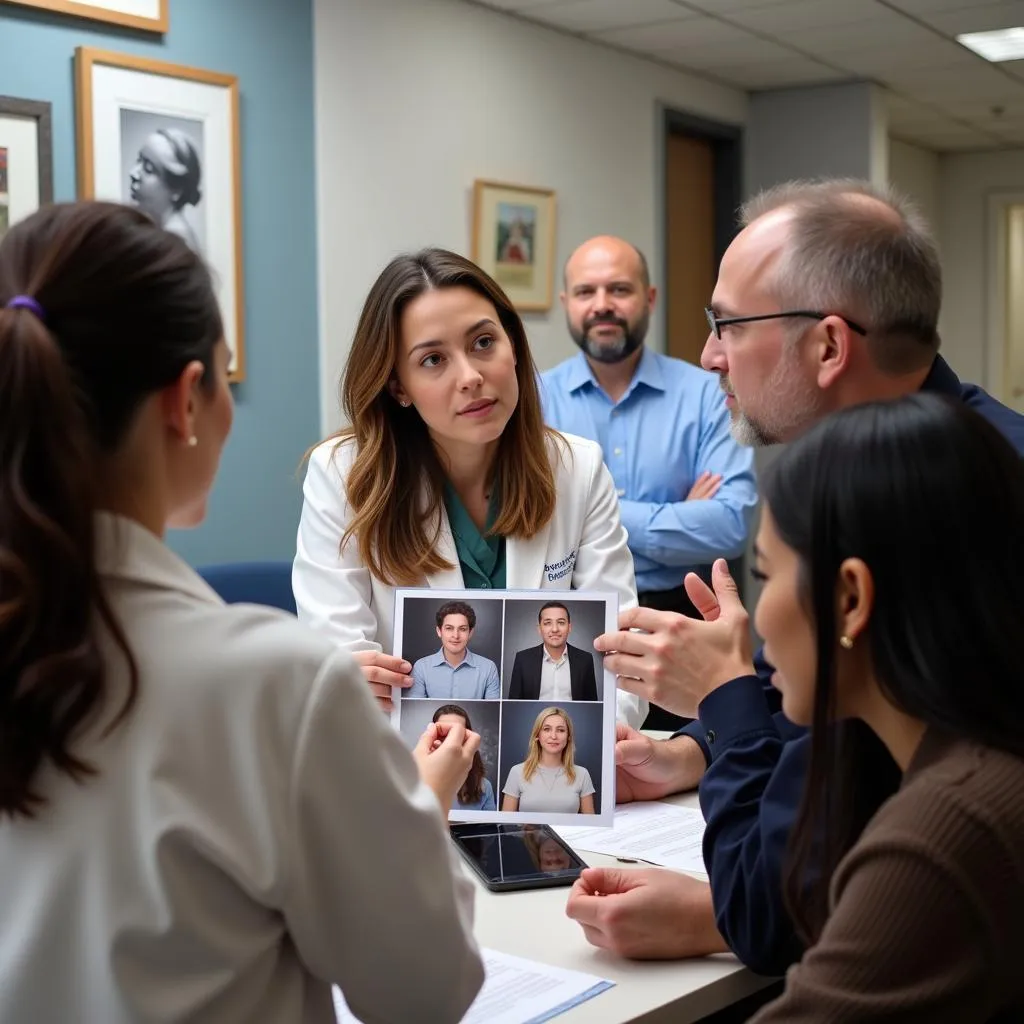 Diverse group of patients reviewing before and after photos with surgeon