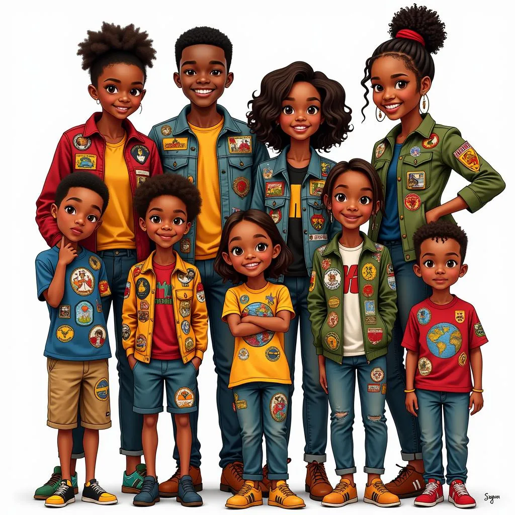 Diverse group of people wearing African American patches