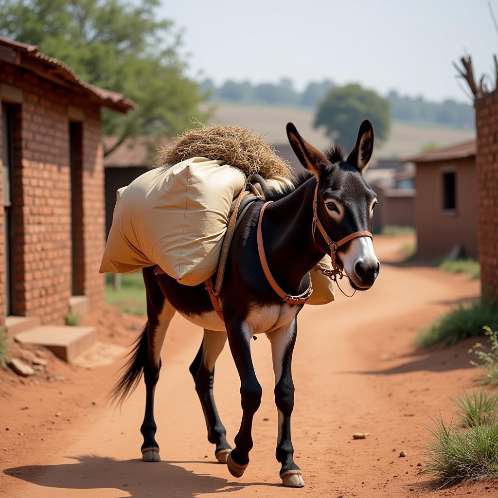 Donkey Working in an African Village