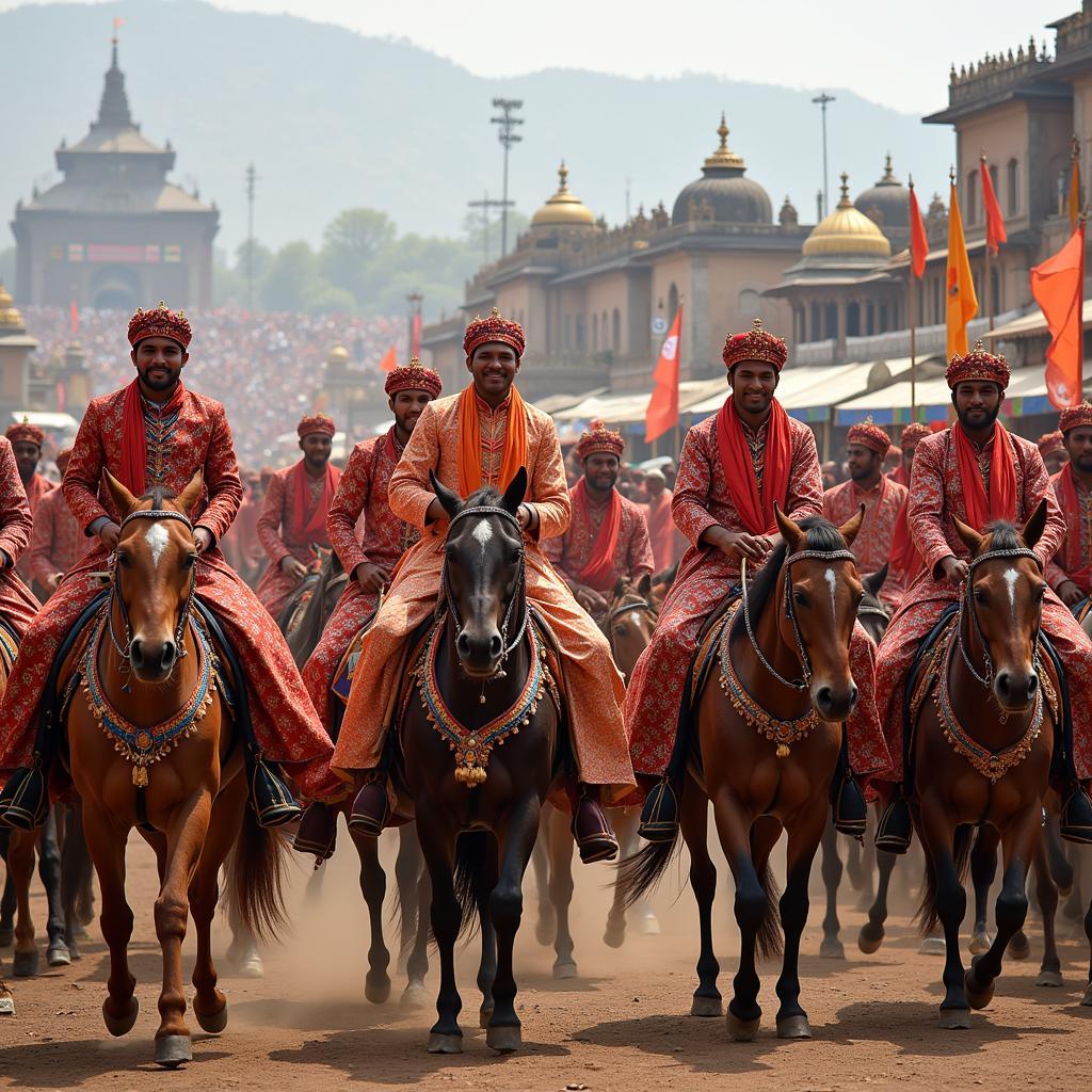 Horsemen in colorful attire parading during the Durbar Festival