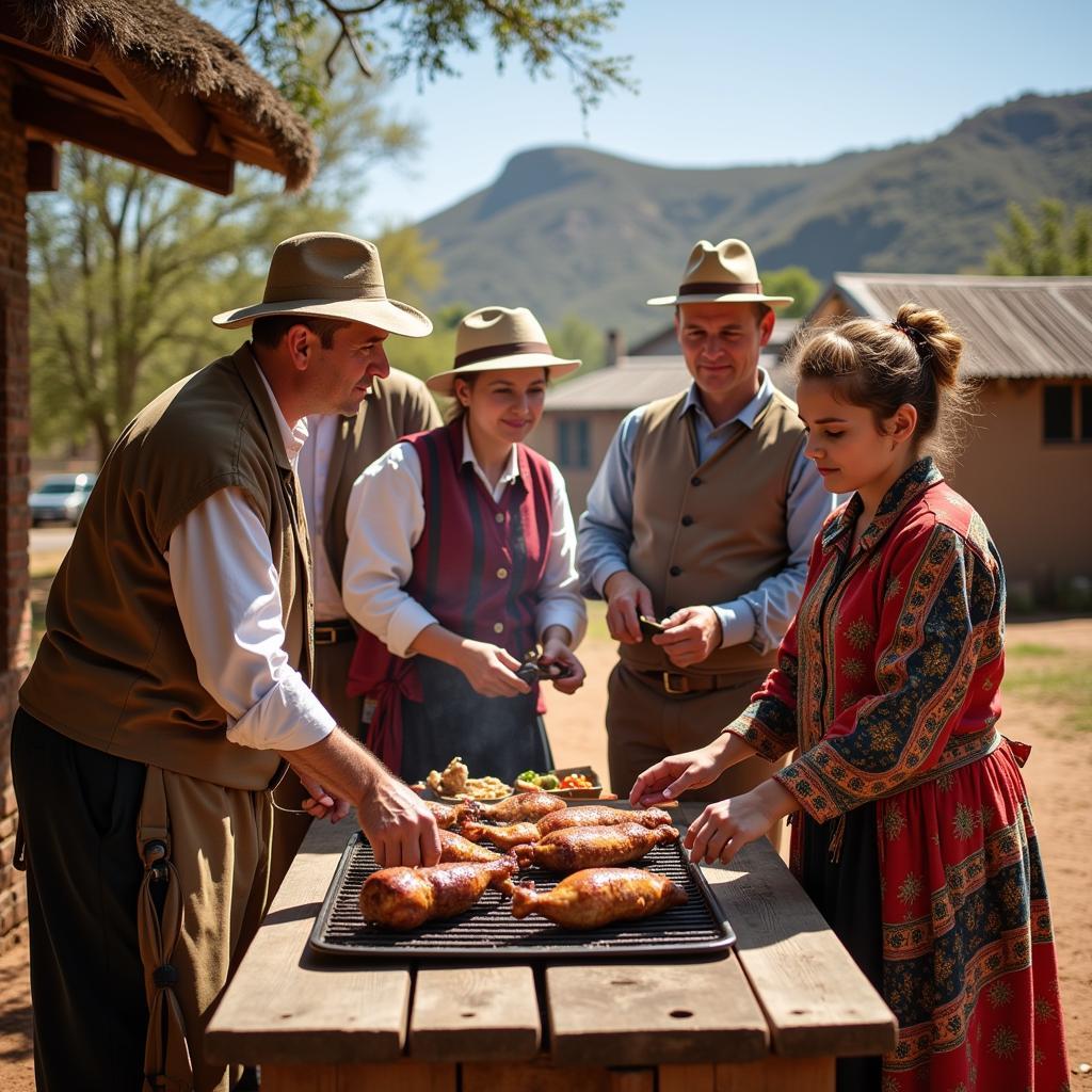 A multi-generational Afrikaner family gathered together, wearing traditional clothing and preparing a braai, celebrating Heritage Day in South Africa.