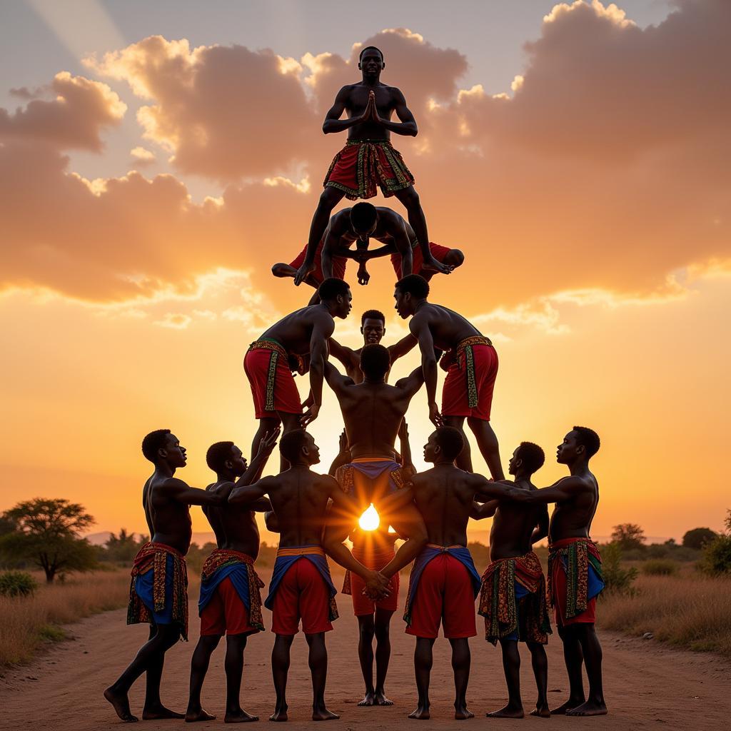 East African Acrobatic Troupe Forming a Human Pyramid