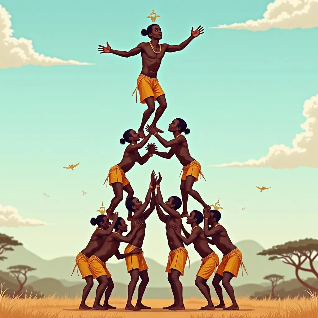 East African acrobats forming a human pyramid