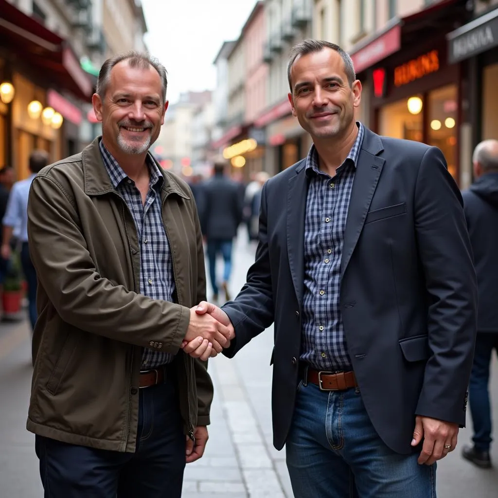 Two men performing the East African forearm handshake