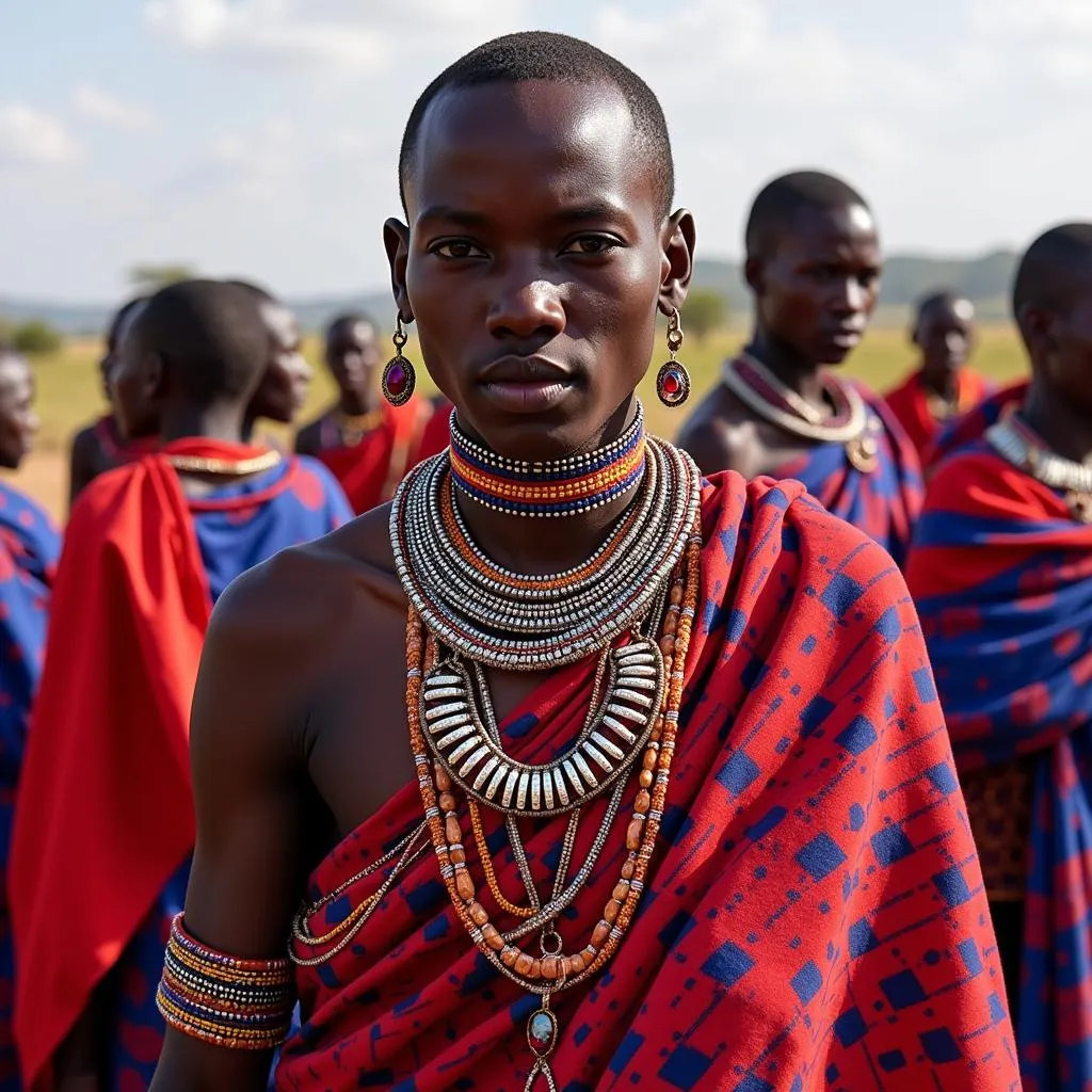 East African Maasai people in traditional attire