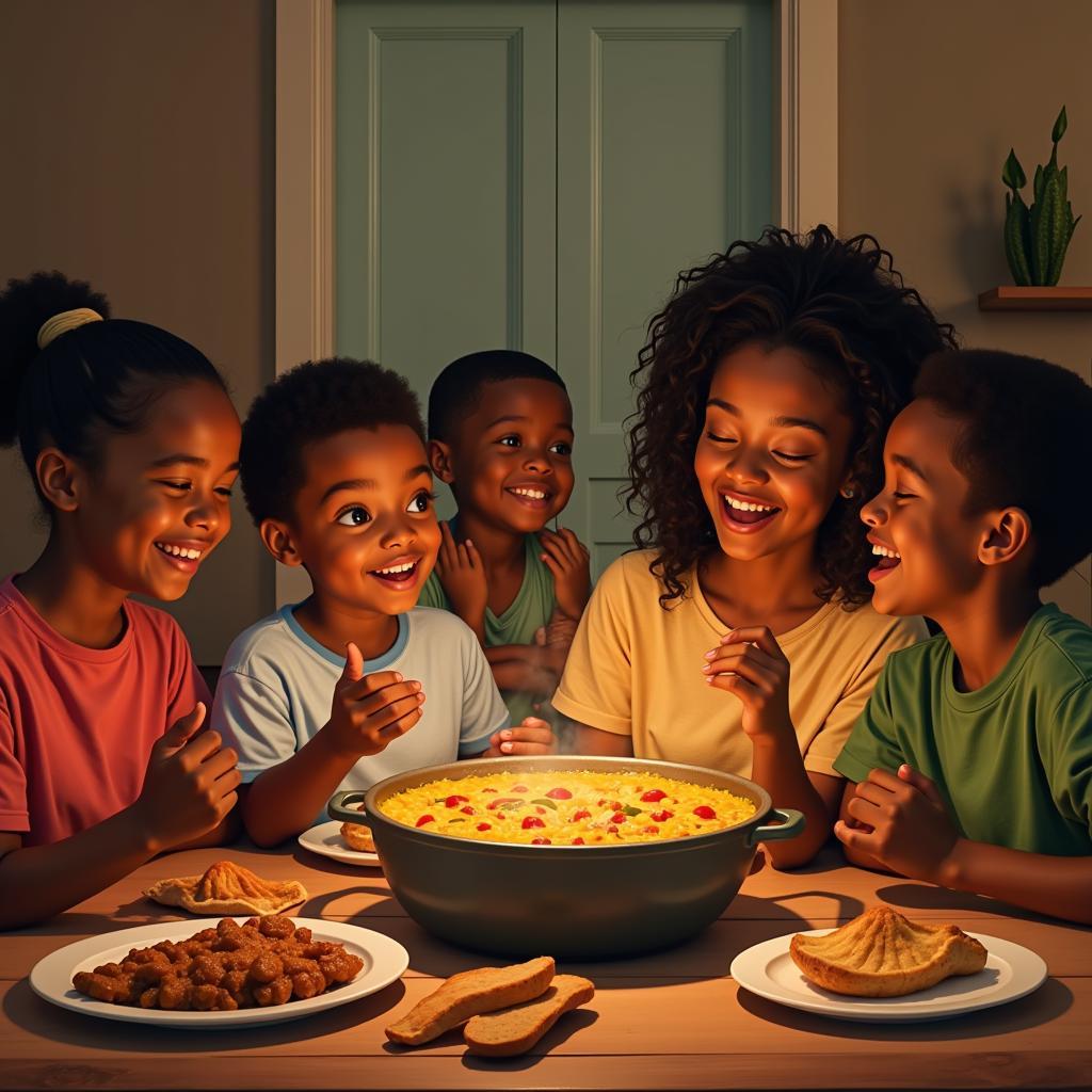 A family enjoying African egusi soup together