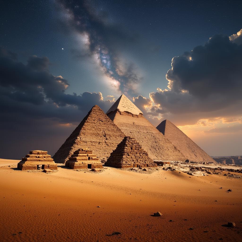 The iconic pyramids of Giza in Egypt against a clear blue sky.