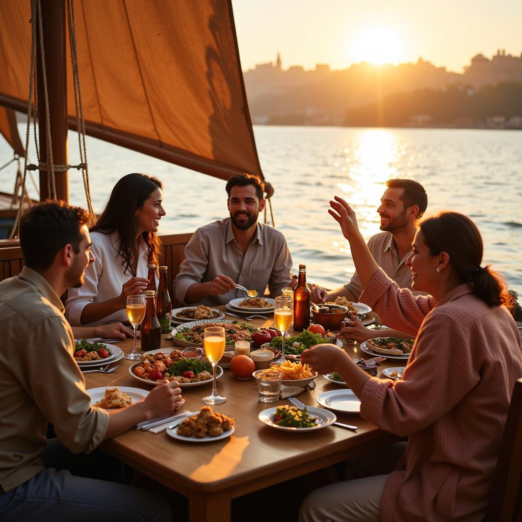 An Egyptian family enjoying a meal by the Nile River