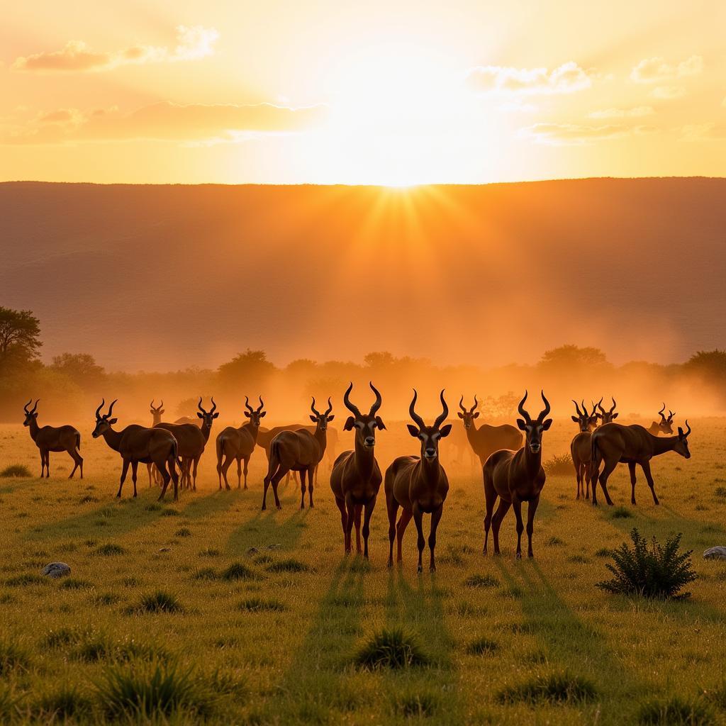 A herd of common eland grazing on the African savanna