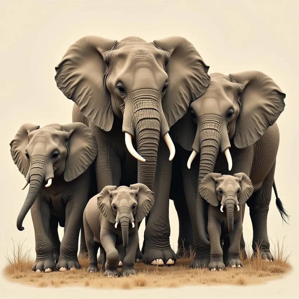 A family of African elephants gathers in the savanna