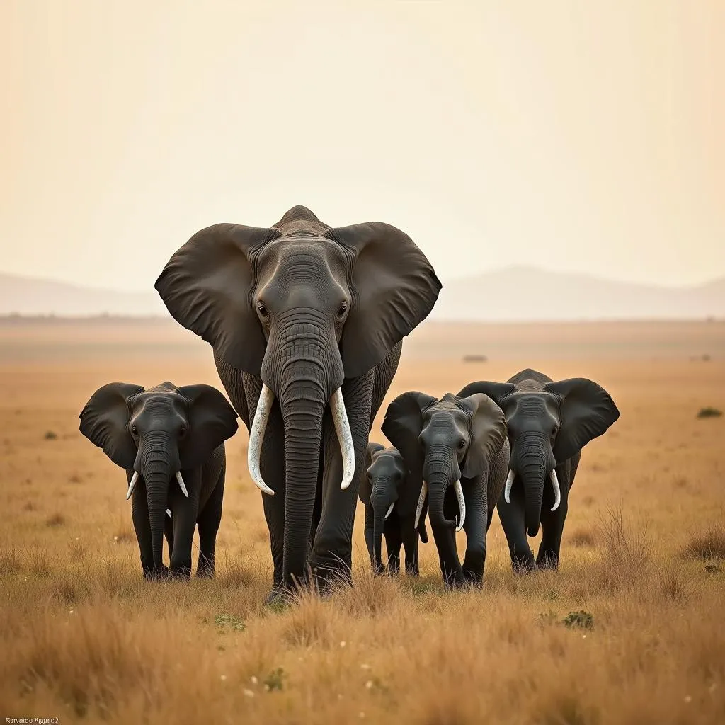 African Elephant Family in the Savanna