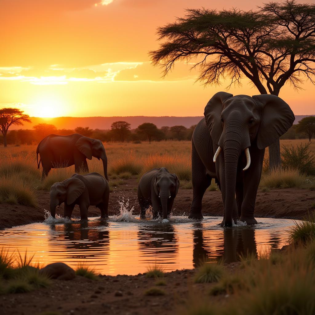 Elephant Family at Watering Hole