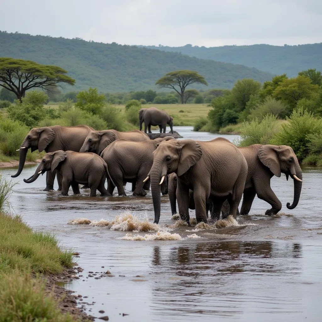 An elephant herd crosses a river in Africa