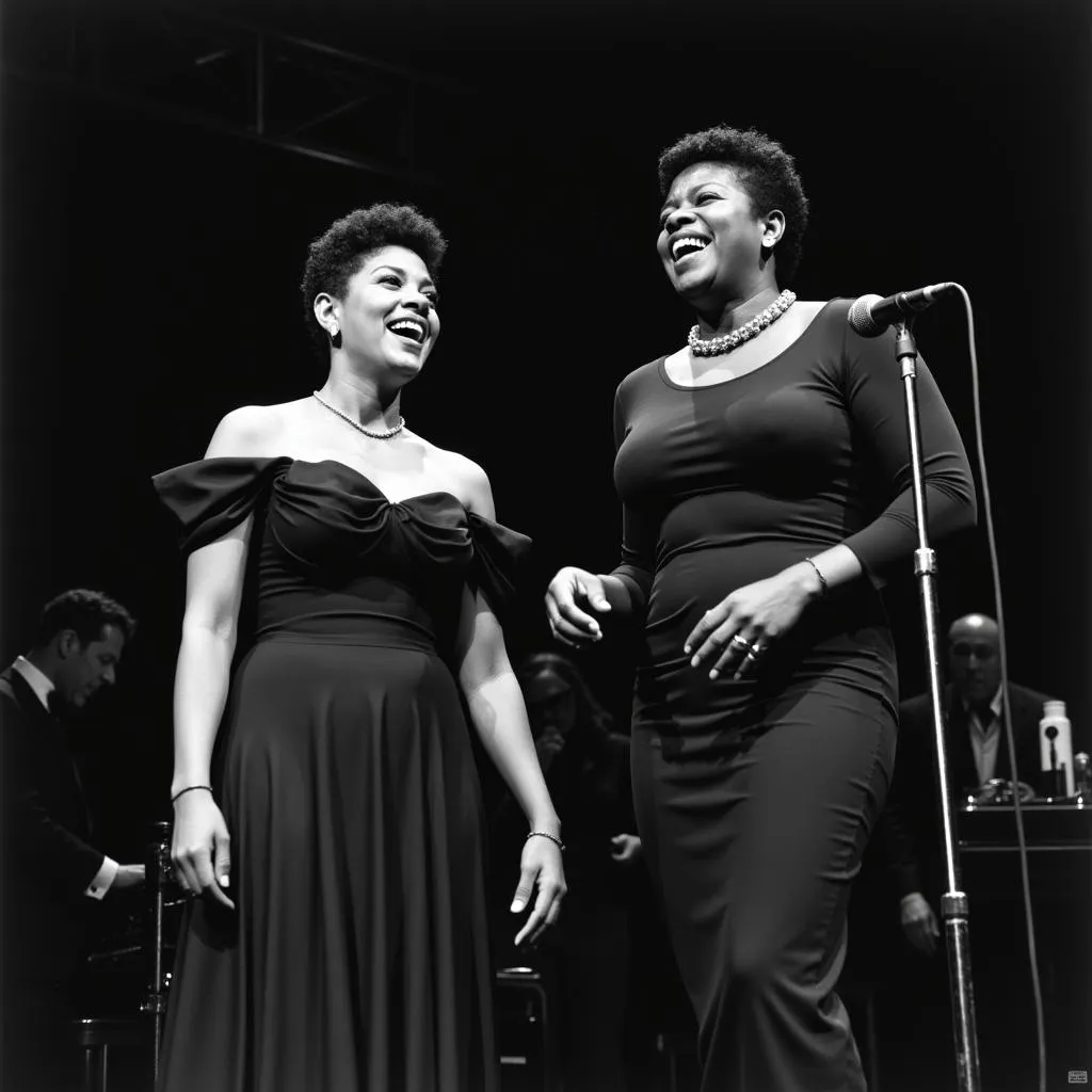 Black and white photo of Ella Fitzgerald and Billie Holiday performing jazz together