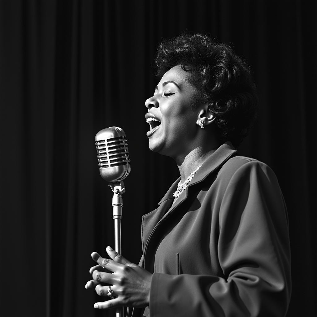 Ella Fitzgerald performing with a microphone